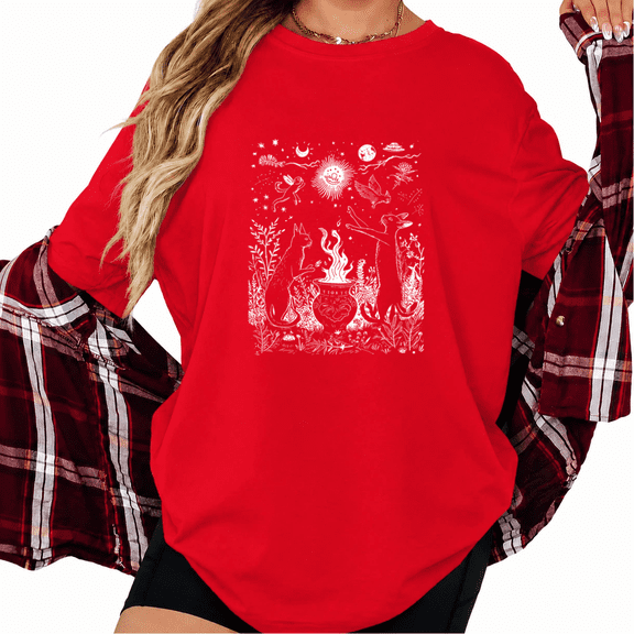 UNISHE Women's Red Mystical Cat Wolf Graphic Short Sleeve T-Shirt Relaxed Fit Top