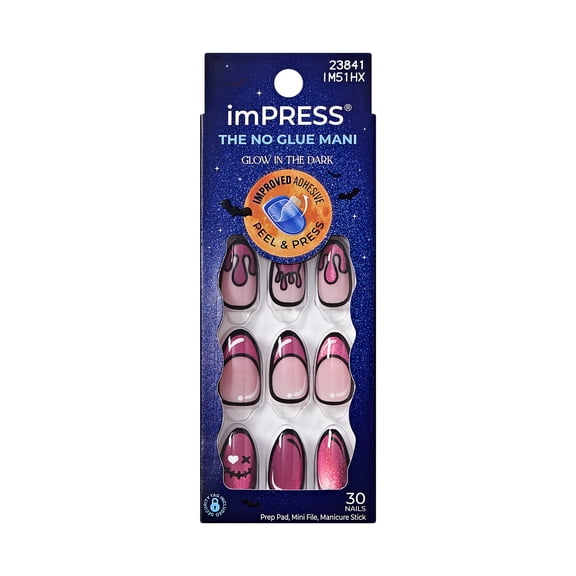 Kiss Impress Press On Nails Almond, Halloween, ‘Scary Glow’, Pink, Medium, 30 Count