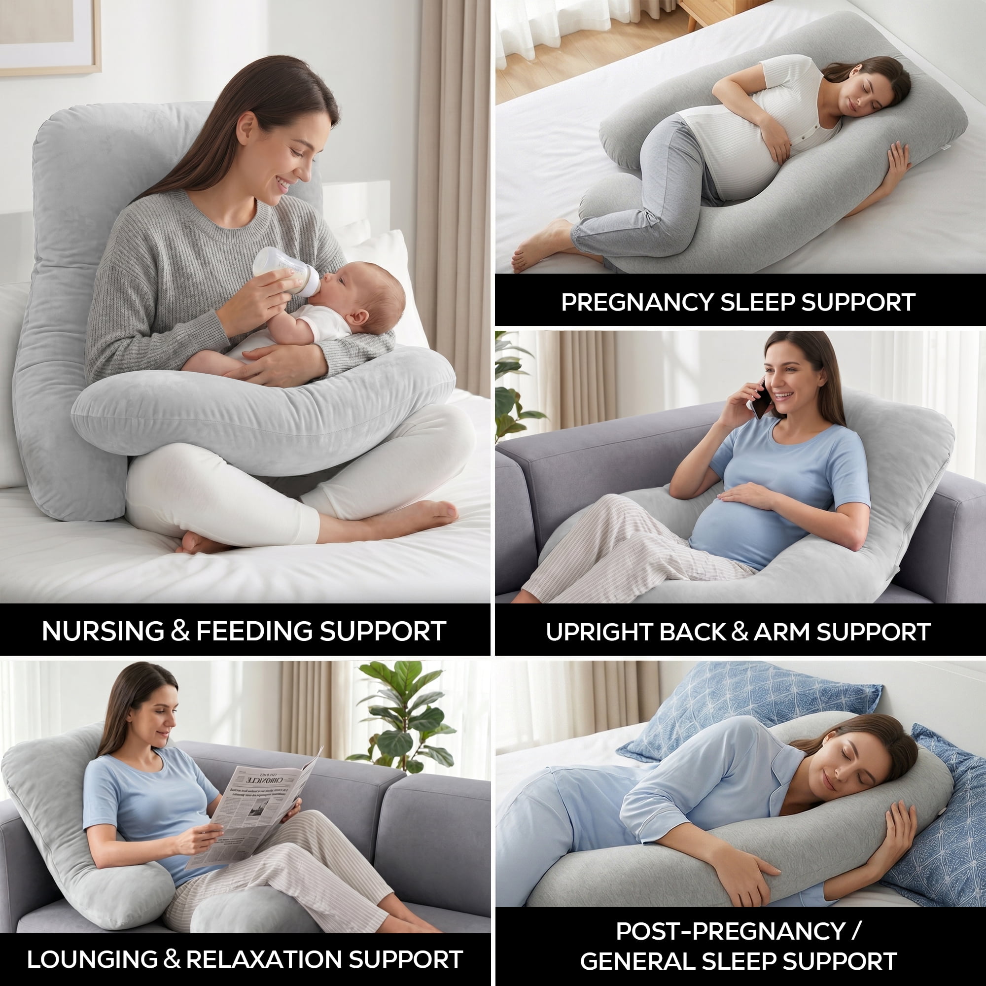 RUPOUN Pregnancy Pillow, J-Shaped Maternity Body Pillow for Sleeping, 70-Inch Full Body Support with Removable Cooling Ice Silk Cover, Gray