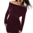 thumbnail image 3 of Vestido Minivestido Elegante de Fiesta para Mujer, de Otoño e Invierno, Color Liso, con Hombros Descubiertos, Larga, Plisado y Ajustado. Vino Tinto S, 3 of 8