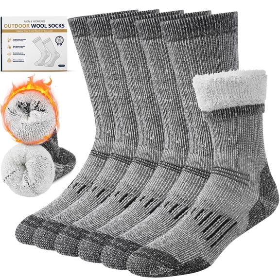 FreeYoka Wool Socks for Men and Women Thermal Crew Winter Hiking Warm Boot Socks For Work With Cushioned Sole 3 Pairs, Gray
