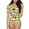 thumbnail image 1 of Balery White Blue Striped Sunflower Body de cuello redondo de manga corta para mujer Tops de manga corta Tops básicos-Small, 1 of 7