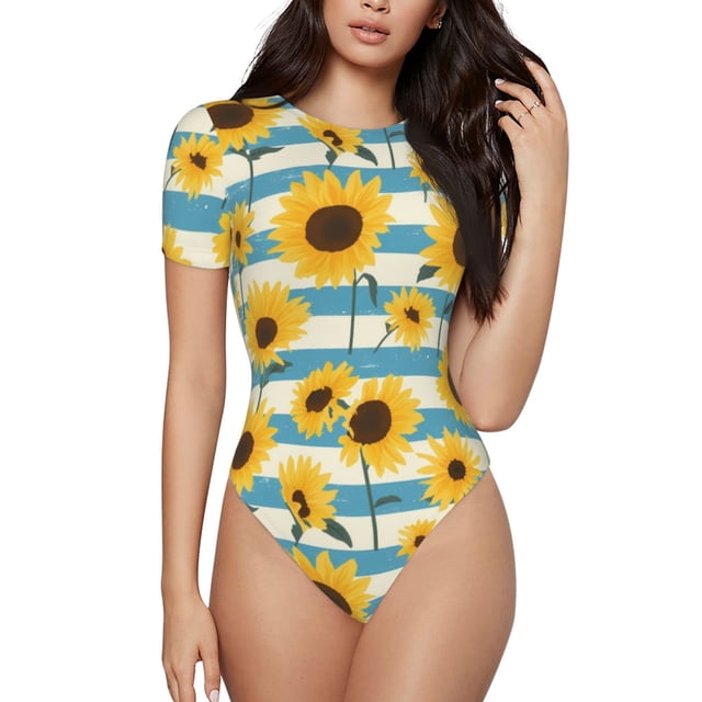 Balery White Blue Striped Sunflower Body de cuello redondo de manga corta para mujer Tops de manga corta Tops básicos-Small