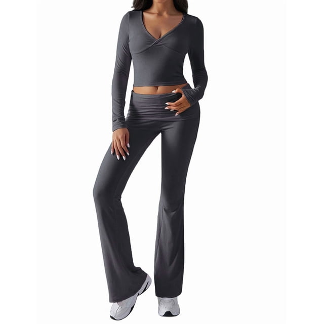 Conjunto Deportivo de 2 Piezas para Mujer, Camiseta de Larga, Pantalones Acampanados con Solapa, Chándal Informal, Gris Oscuro, Talla XL