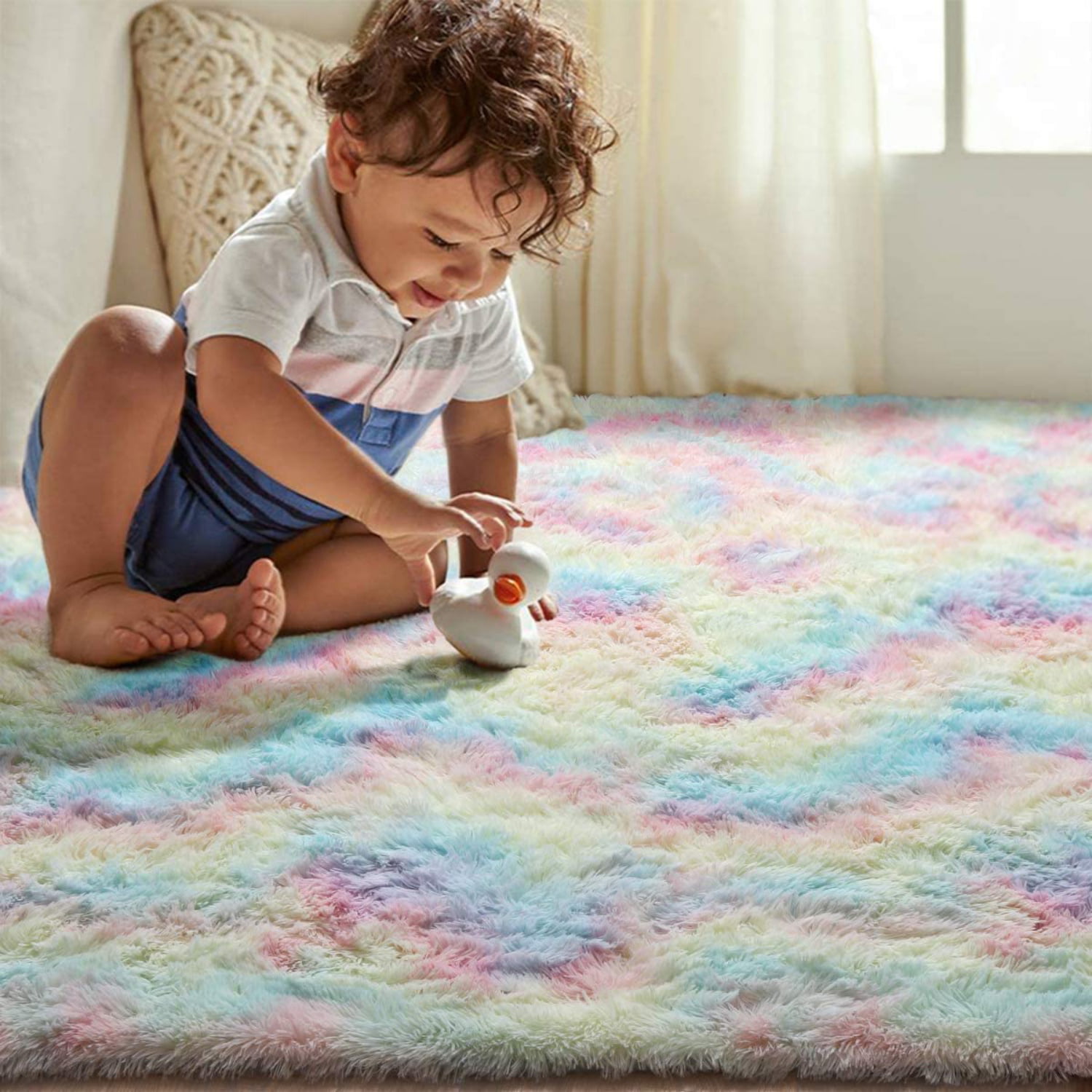 Fluffy Kids Rug for Girls Bedroom Carpets, Colorful Tie Dye Fuzzy Rugs for  Teens Dorm Shaggy Nursery Area Rug ,Yellow Purple, 5x8 Feet 