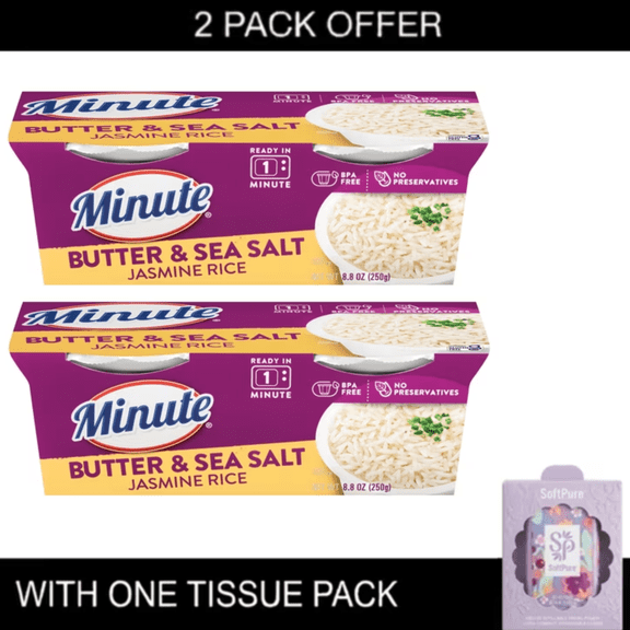 2x Minute Ready-To-Eat Butter and Sea Salt Rice, Microwavable Rice Cups, 4.4 oz, 2 Count with tissue pack