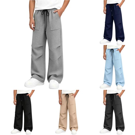 Zylarhe Boys' Pants Sweatpants Wide Leg Baggy Elastic Waist Athletic Open Bottom Joggers with Pockets Grey 9-10 Years