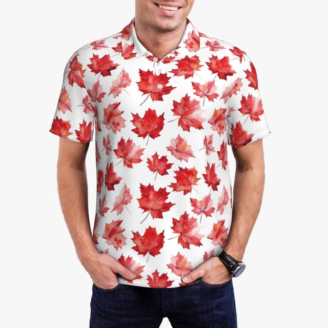 KLL Realistic Maple Leaf Print Men's Short Sleeve Golf Polo,Three-Button Polo Shirts Summer Fashion Golf Shirt-Small