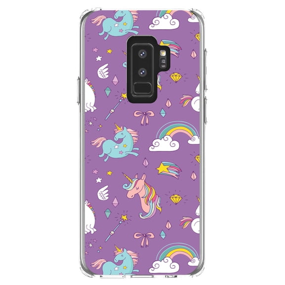 DistinctInk Clear Shockproof Hybrid Case for Samsung Galaxy S9  PLUS (6.2" Screen) - TPU Bumper, Acrylic Back, Tempered Glass Screen Protector - Unicorn Rainbow Wand Pattern - Purple