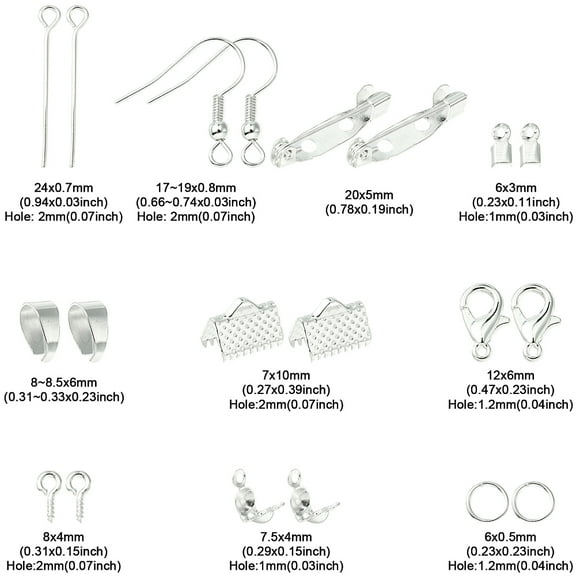 1 box DIY Jewelry Making Finding Kits Including Alloy Clasps Iron Bead Tips & Jump Rings & Earring Hooks & Eye Pins & Pinch Bails & Ribbon Crimp Ends & Brooch Findings Silver 749pcs/box