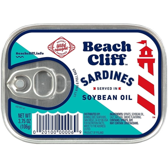 Beach Cliff Wild Caught Sardines in Soybean Oil, Gluten Free, 14g Protein Per Serving, Shelf Stable Tin Can, 3.75 oz