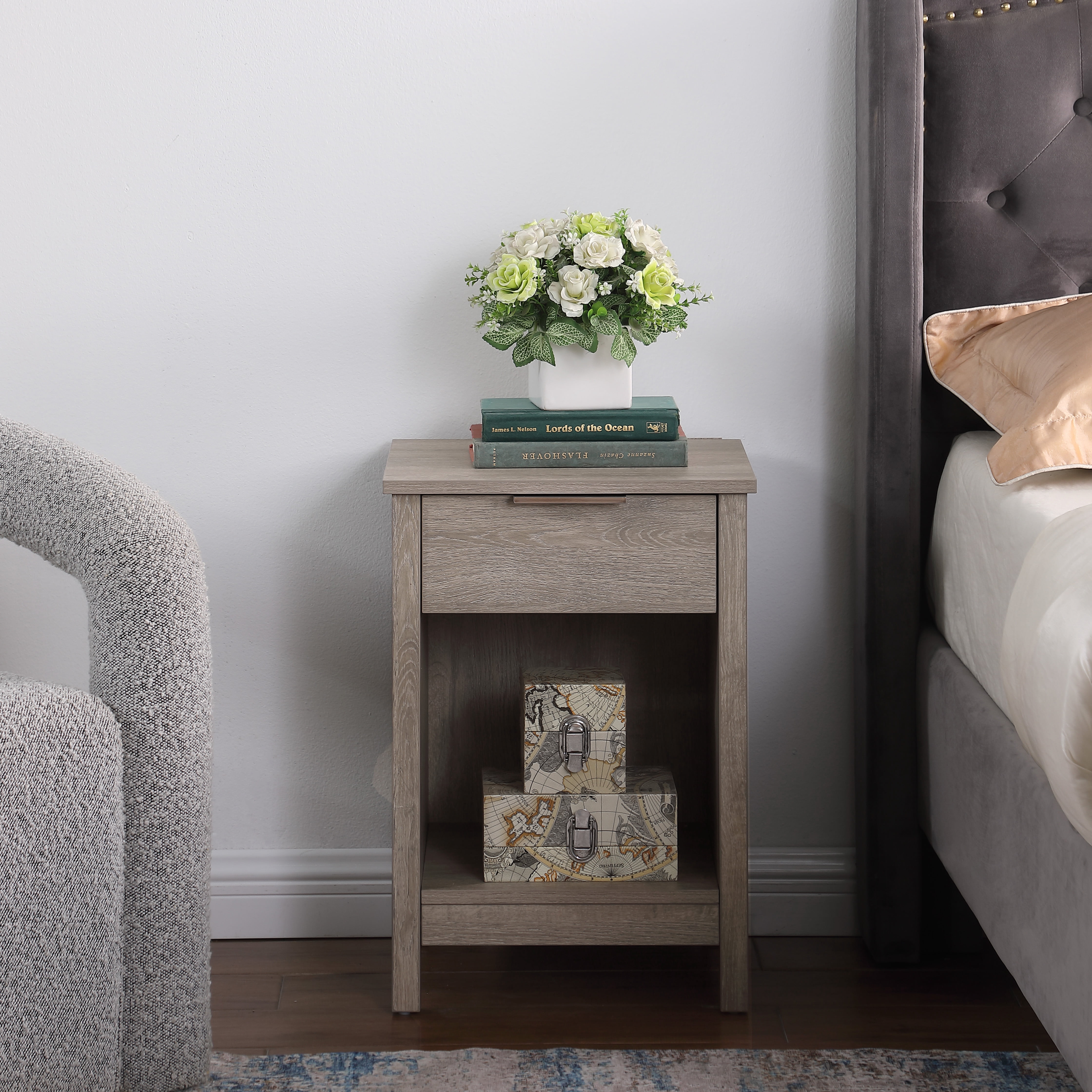 Nightstand with Drawer,End Table With Drawer and Open Shelf,Easy Assemble,Sturdy Side Frames,Metal Handle,Night Stand for Bedroom, Side Table for LivingRoom,Rustic Grey