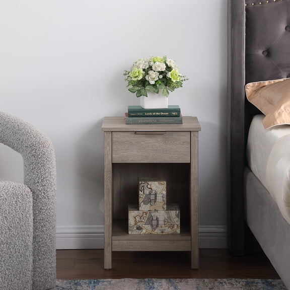Xukmct Wood Nightstand with Open Shelf, 1 Drawer Beside Table for Bedroom, Bedroom, Gray