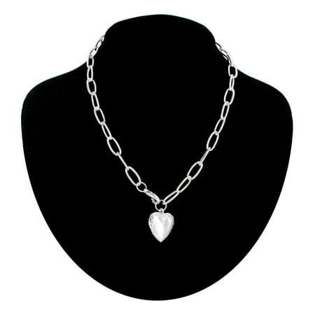 - Silver Tone Locket Cable Chain Link Embossed Heart Pendant Necklace 16