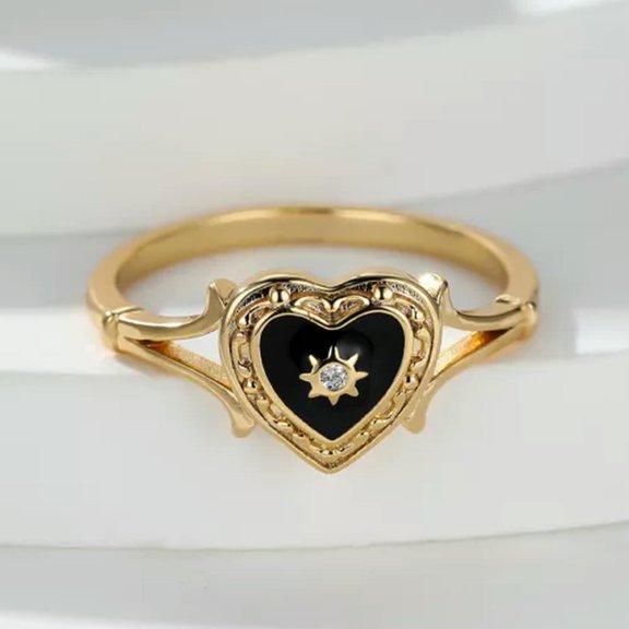 HOOUN Bohemian Women Love Heart Black Enamel Ring Female Finger Statement Jewelry Gift-Black Heart Cubic Zirconia-8