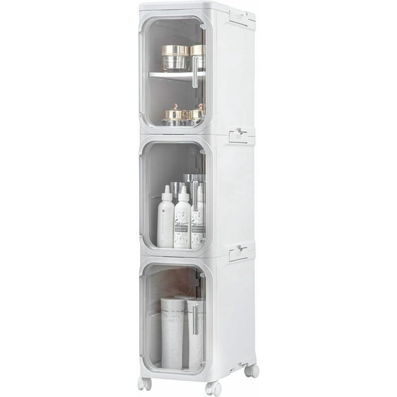 3-Tier Plastic Tall Narrow Storage Cabinet with Adjustable Shelves and Movable Wheels, Magnetic Doors, Slim Bathroom Storage Organizers for Small Space, Bathroom, Kitchen, Laundry, White