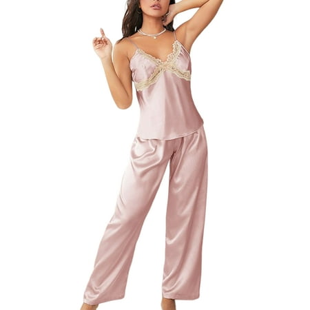 

Colisha Ladies Sleepwear Elastic Waist Nightwear 2 Pieces Outfits Lounge Set Loose Home Clothes Cami And Long Pants Pajamas Sets Pink M