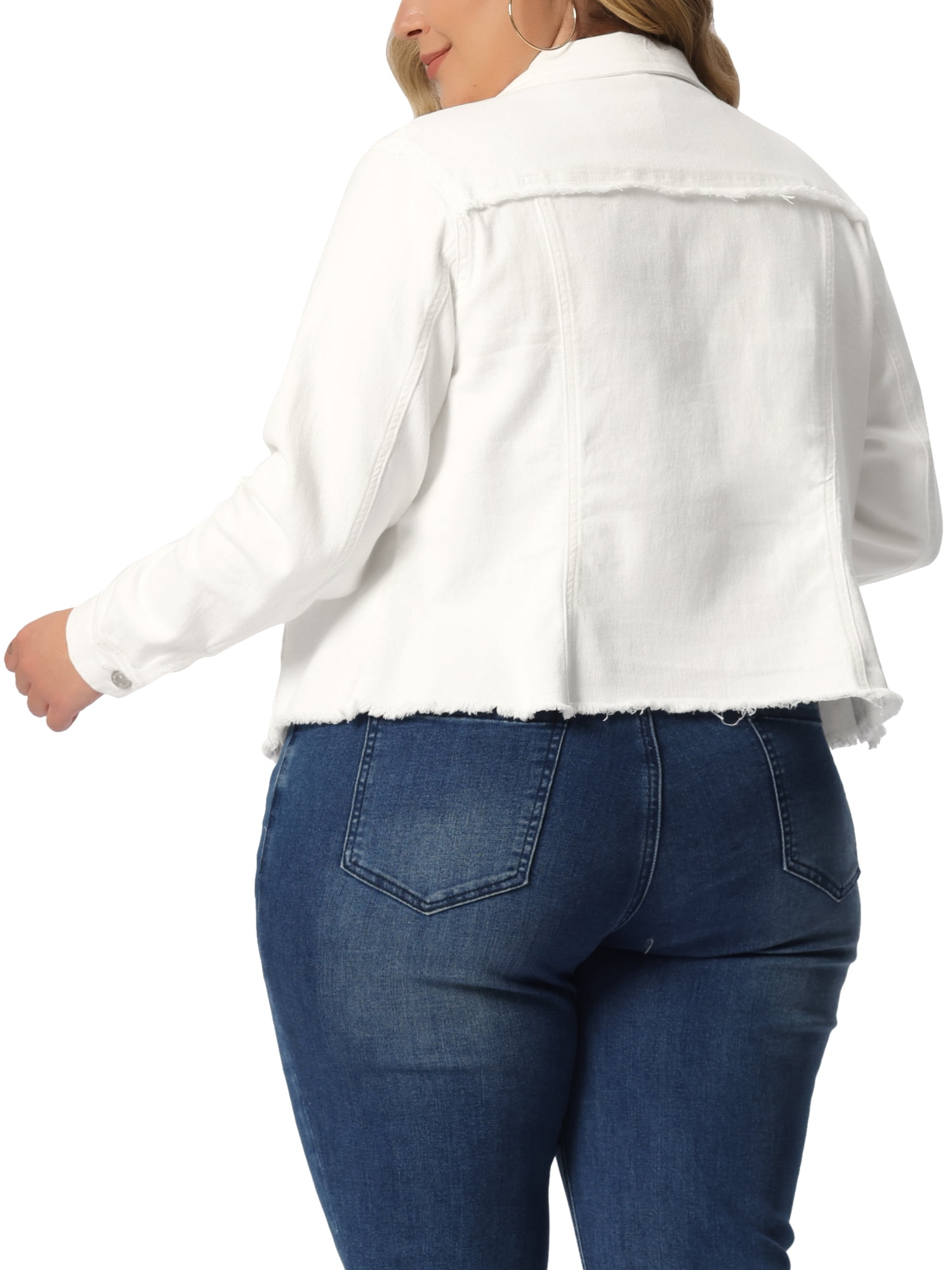 Agnes Orinda Women's Plus Size Classic Denim Jacket | Washed Finish, Frayed Hem, Button-Up | Oversized Fit In Multiple Colors