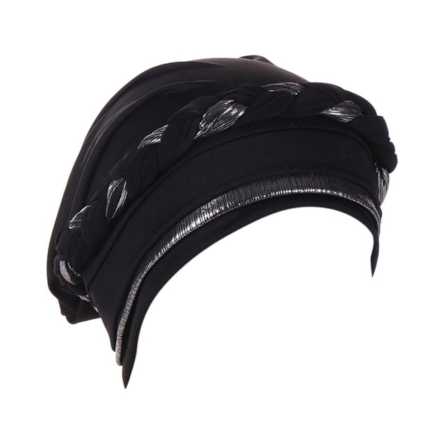XASZHN Women's Braid Hat Muslim Ruffle Cancer Turban Wrap Cap for Fashion Head Cover with Color Block Design Black_003 One Size