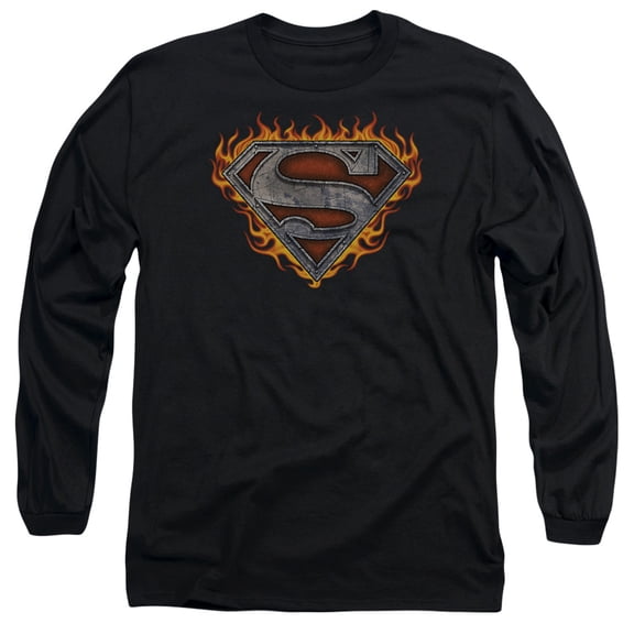 Superman Iron Fire Shield Long Sleeve Adult 18/1 T-Shirt Black
