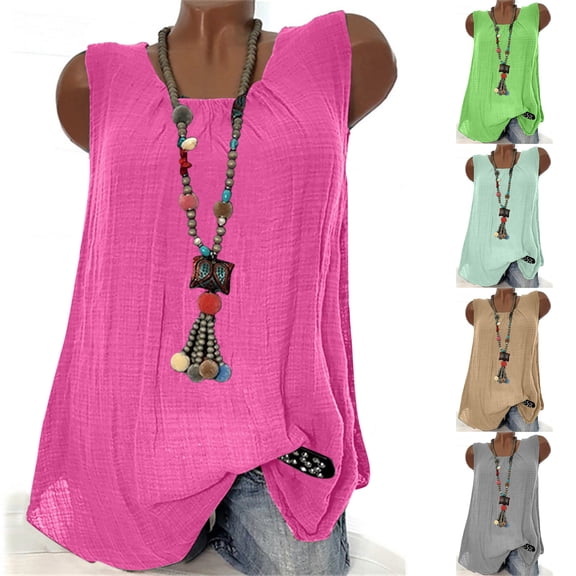 Aboser Cotton Linen Tank Tops for Women Summer Sleeveless Basic Shirts Lightweight Casual Crew Neck T Shirt Loose Fit Beach Vacation Tanks