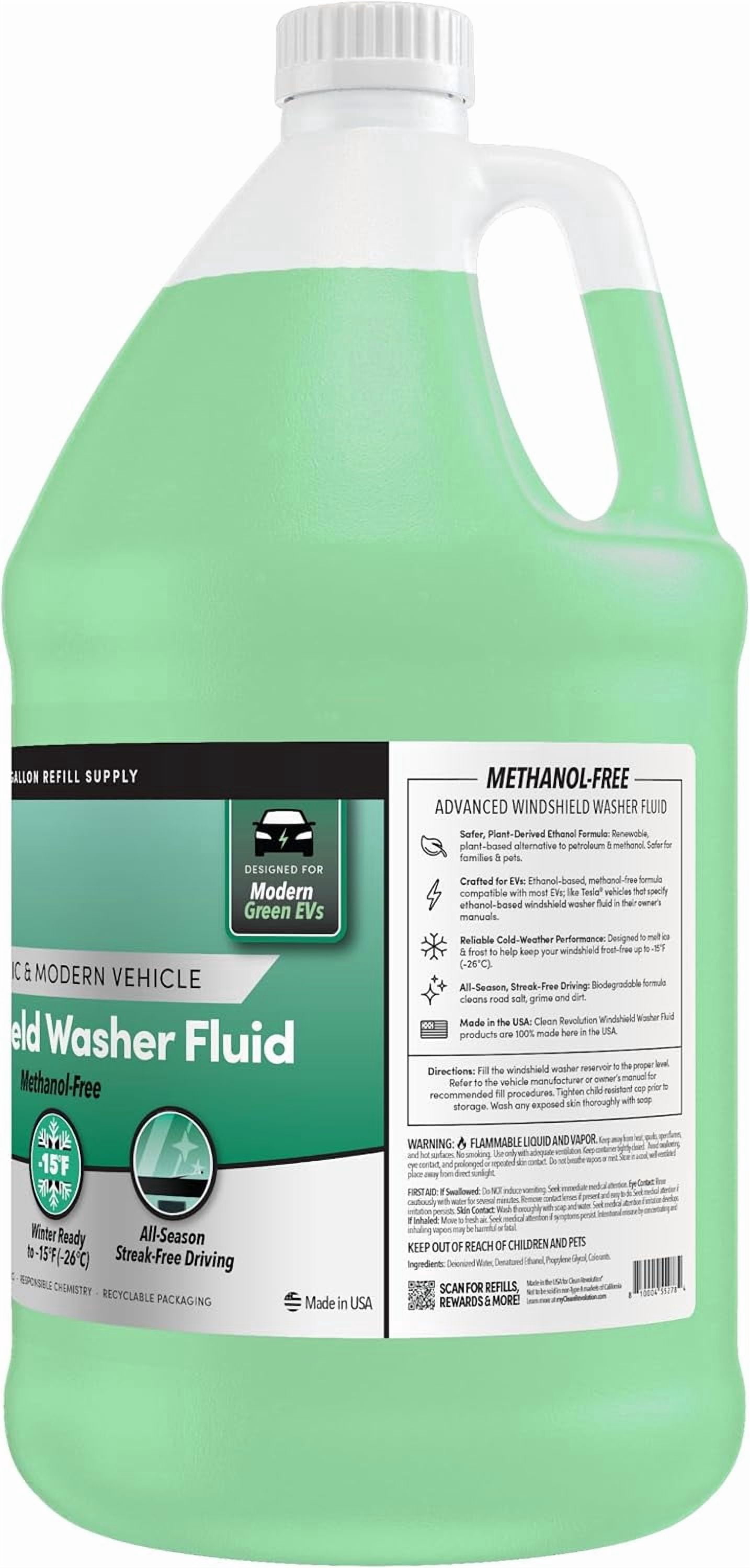 Clean Revolution EV Windshield Washer Fluid, 128oz, 100% Methanol-Free, Winter Ready up to -15F, Compatible with Electric Vehicles & Performance Cars