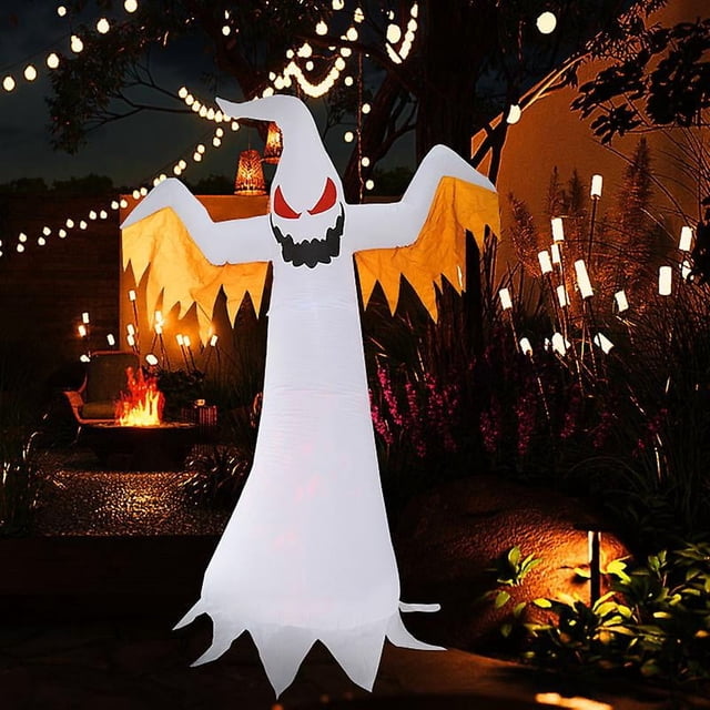 Halloween Inflatable Scary White Ghost with LED Flame Light Evil Scary Horror Waterproof Outdoor LED Light Ghost for Halloween Garden Party Yard Lawn