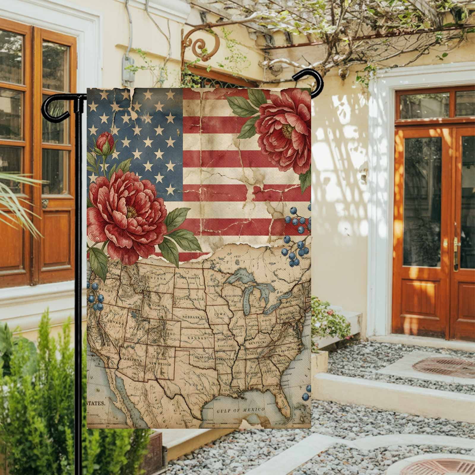 4th of July Garden Flags Retro American Flag Garden Flag Double Sided Welcome Flag Cottagecore Usa Map Red Peony Independence Day Yard Flags for Outdoor Lawn Porch Memorial Day Decor 28x40 Inch