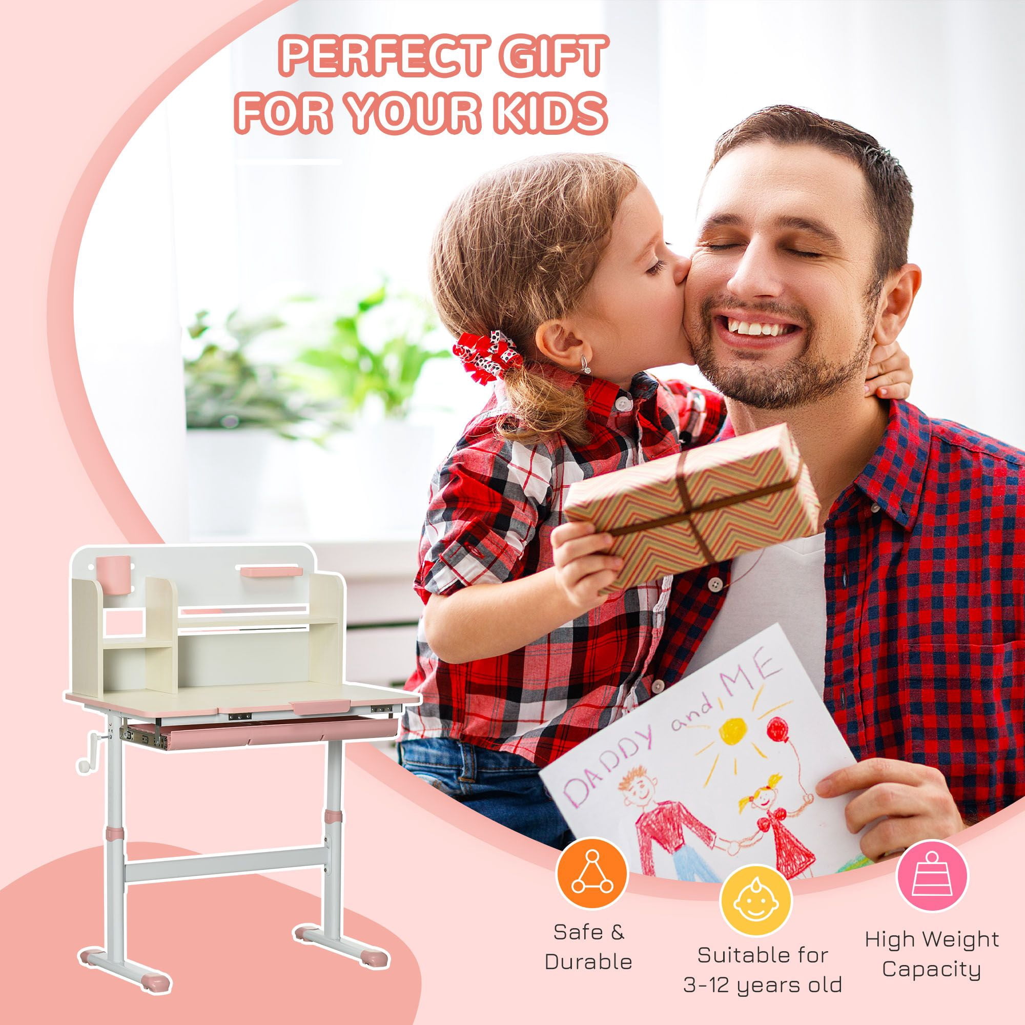 Height Adjustable Kids Study Desk with 0-60° Tilt Tabletop, Storage Shelves & Drawer, Stable I-Beam Children Writing Art Desk for Ages 3-12