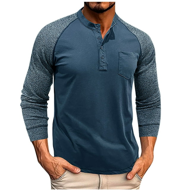 Jalioing Chemise Décontractée à Manches Longues pour Hommes, T-Shirt à Blocs de Couleur à Col Rond avec Boutons, Hauts Classiques de Mode d'Automne