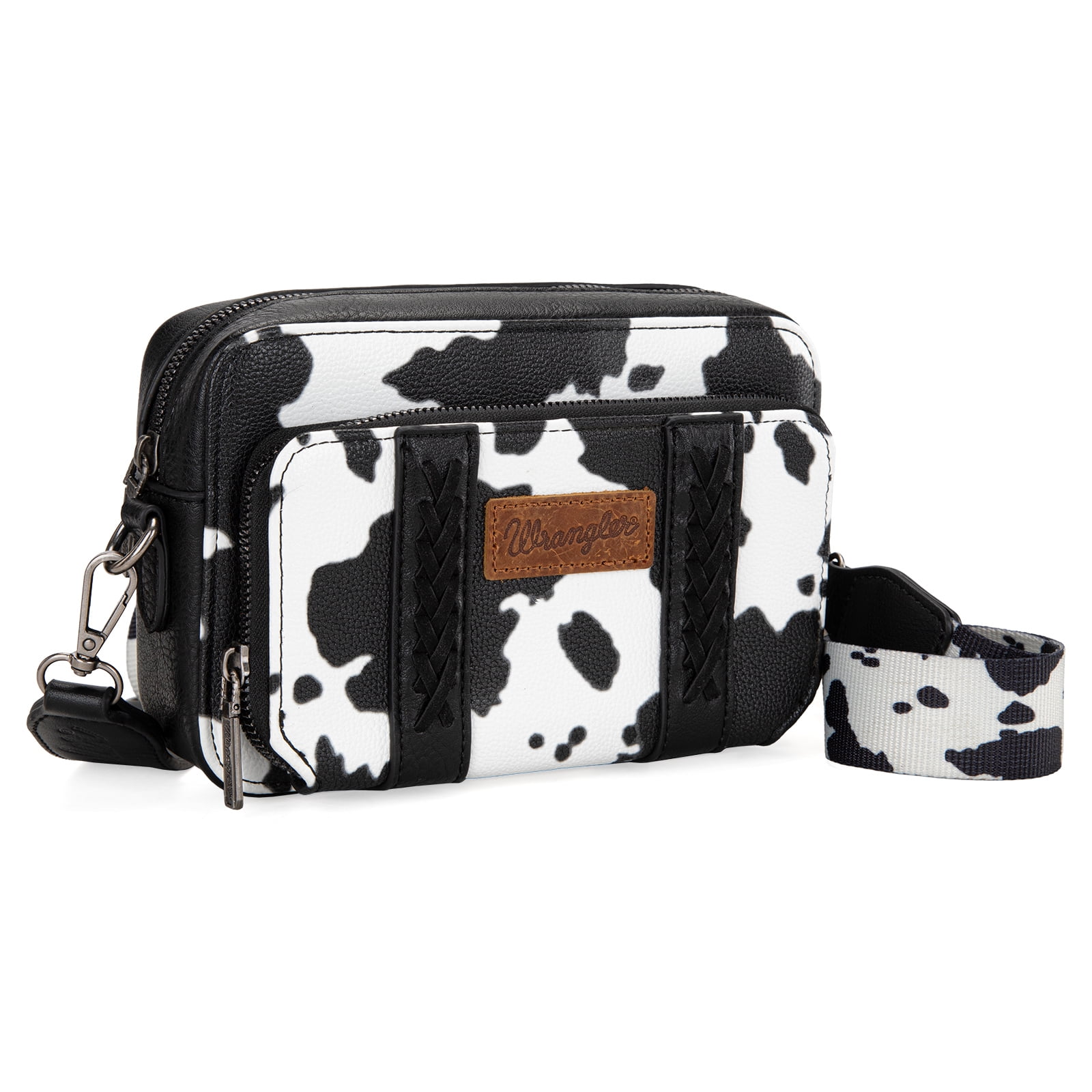 Wrangler Cow Print Crossbody Bag for Women Western Cowgirl Crossbody Purses with Guitar Strap, Black