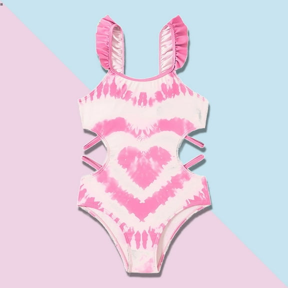 Girls One Piece Swimwear Kid Girls Swimsuit Heart Printed Tie Dye Bathing Suit Girls9-10 Years
