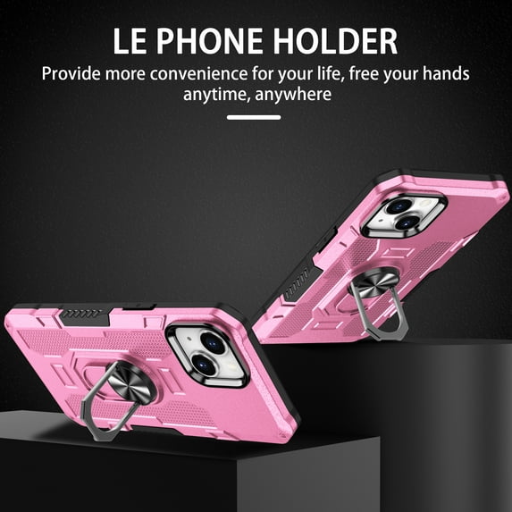 Dteck for iPhone 13 6.1 Inch Rugged Case, 360° Ring Reinforced Metal Kickstand 2 in 1 Military Grade Shockproof Case Support Magnetic Car Holder Drop Protective Shockproof Case for iPhone 13,Pink
