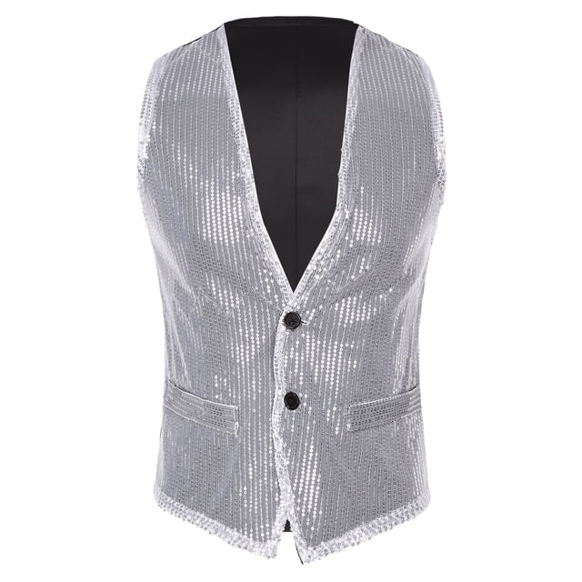 Doomiva Men Shiny Sequins Vest Button Sleeveless Slim Fit Waistcoat Club Prom Party Performance Dance Jacket Silver 150/M