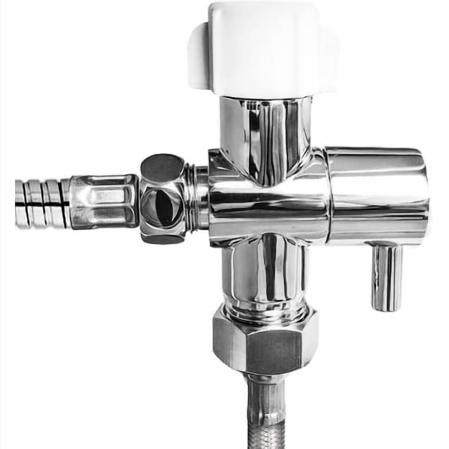 GenieBidet Hybride Fuite-Stop Chromé Laiton 3-Way T Adaptateur avec Marche / Arrêt. Simple Main-Écrou Installer. Résiste au Threading Croisé de Votre Robinet de Remplissage de Toilette en Plastique.