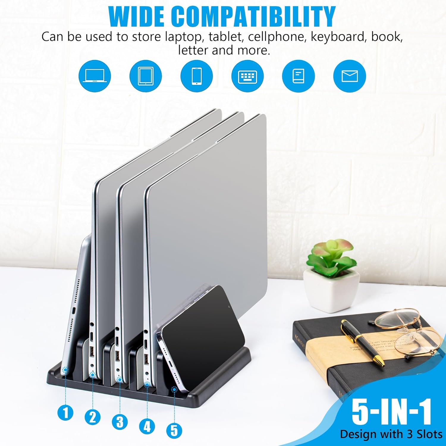 Vertical Laptop Stand, 3 Slot Adjustable Laptop Storage Rack and Desk Organizer, Silicone-Padded Holder for Multiple Devices Storage, Compatible Stand for Tablets and Devices up to 17 Inches