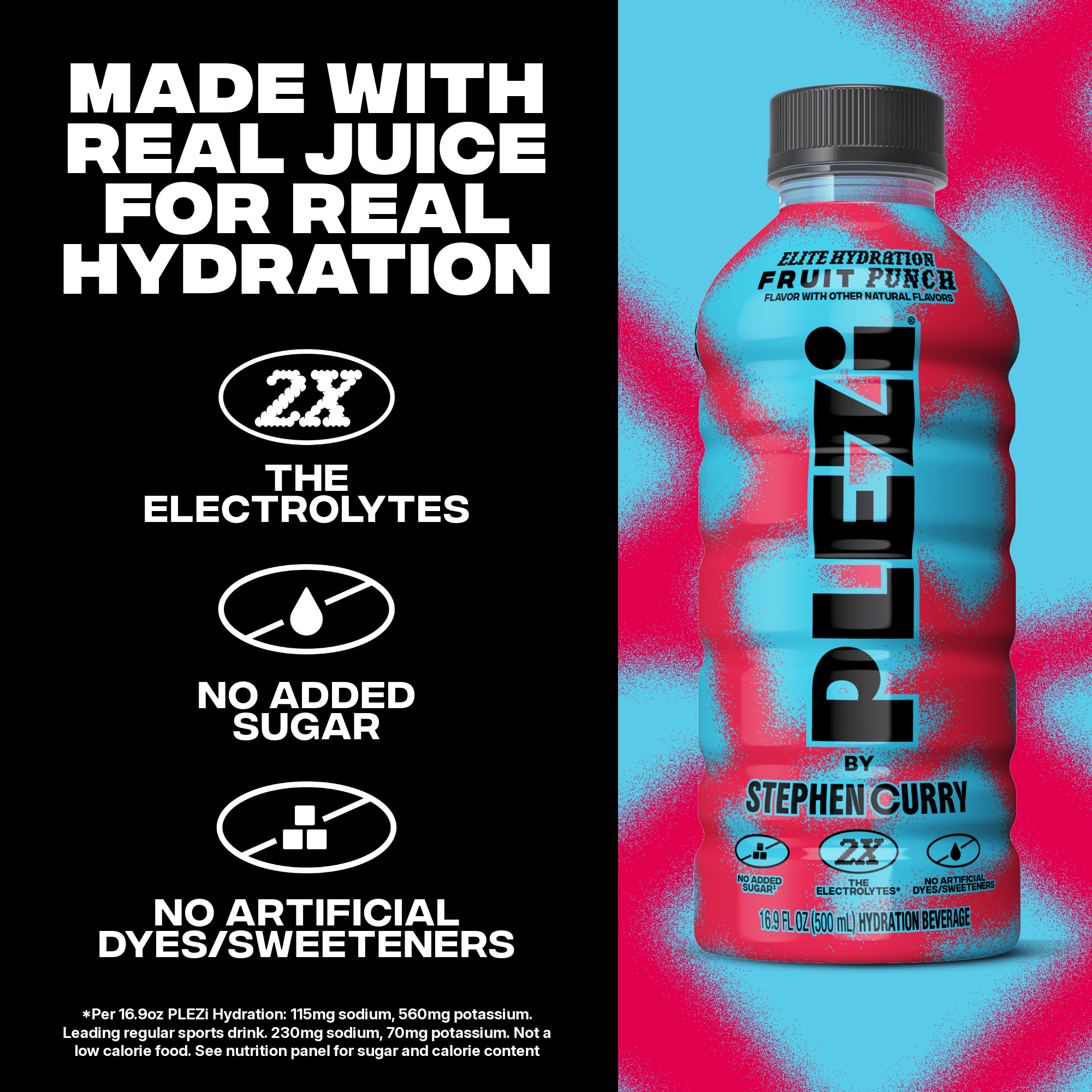 PLEZi Hydration Fruit Punch Sports Drink, No Added Sugar, 2X Electrolytes & 560mg Potassium, Made with Real Juice, 16.9 fl oz Bottles, 12 Pack