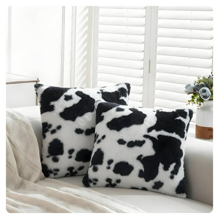AUQ Cow Print Plush Throw Pillow Covers 18x18 Inch Set of 2,Soft Cozy Double Sided Decorative Cushion Covers,Faux Fur for Sofa,Bed,Living Room Decor
