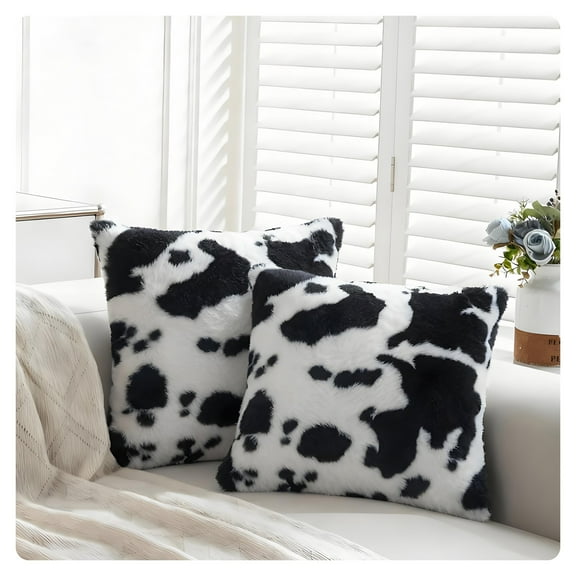 AUQ Cow Print Plush Throw Pillow Covers 18x18 Inch Set of 2,Soft Cozy Double Sided Decorative Cushion Covers,Faux Fur for Sofa,Bed,Living Room Decor
