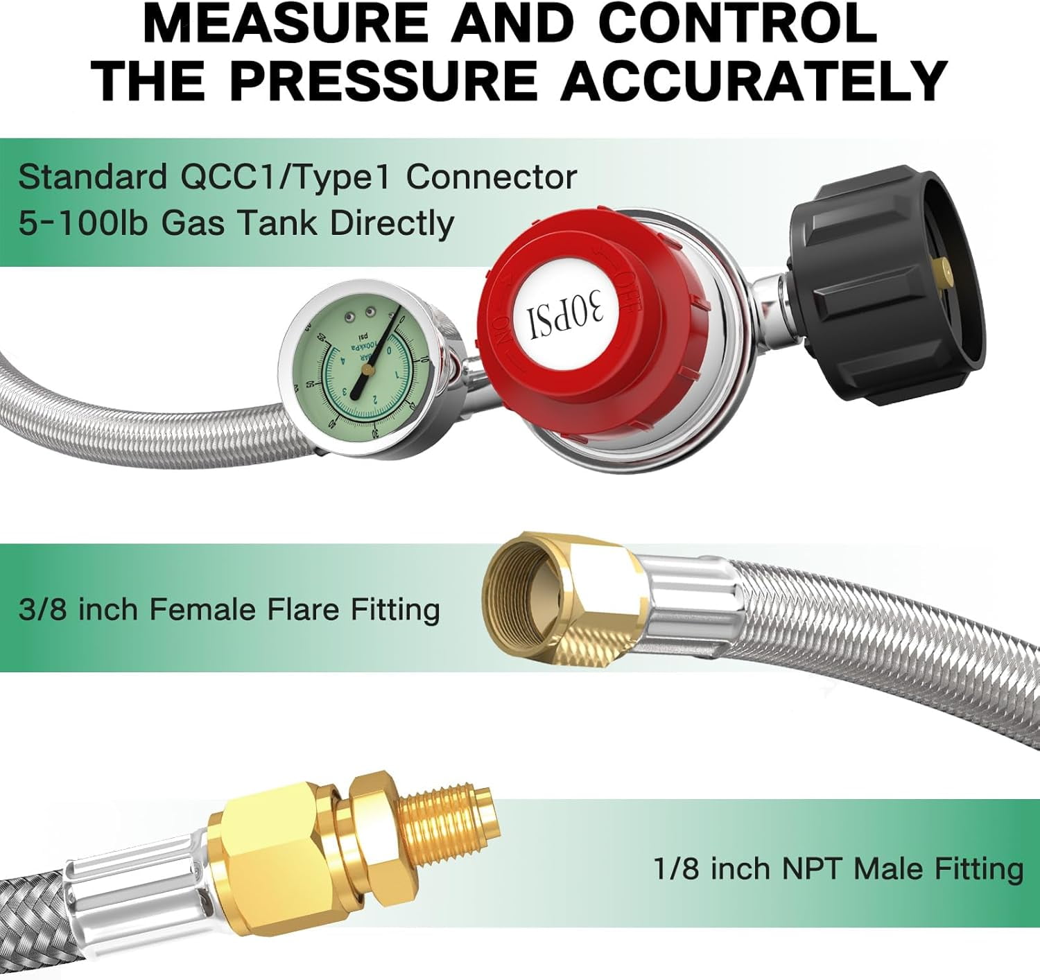 24FT 0-30 PSI Adjustable High Pressure Propane Regulator with Gauge 0~60PSI Gas Flow Indicator Stainless Propane QCC1 Hose with 3/8 Flare x 1/8 MNPT Fits for LP Gas Cooker, Burner, Turkey Fryer,Smoke