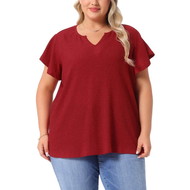 Blusas de verano casuales de talla grande para mujer Agnes Orinda, con textura, cuello en V con muesca y mangas con volantes, 3X, rojas