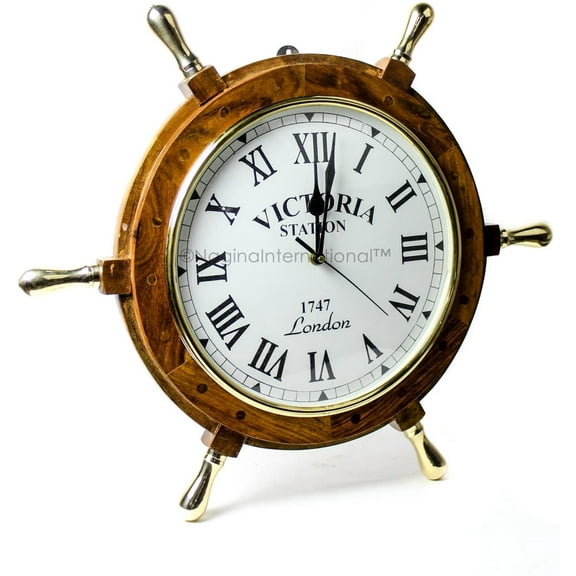 Nagina International 18" Elegant Handcrafted Nautical Ship Wheel Roman Dial Time's Wall Clock with Polished Solid Brass Handles | Ship's Steering Wheel Decor Clock | Maritime Gifts