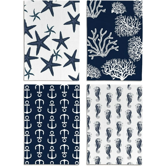 Nautical Towels,Ocean Animal Hand Towels for Bathroom,Beach Kitchen Towels,Coastal Kitchen Towels,Tea Towels for Kitchen,Navy Blue Towels 18 x 26 Inch Set of 4