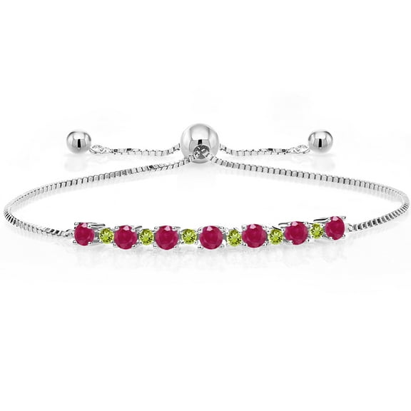 Gem Stone King 925 Sterling Silver Round Red Ruby and Green Peridot Tennis Bracelet for Women (1.27 Cttw, Gemstone Birthstone, Fully Adjustable up to 9 inch)