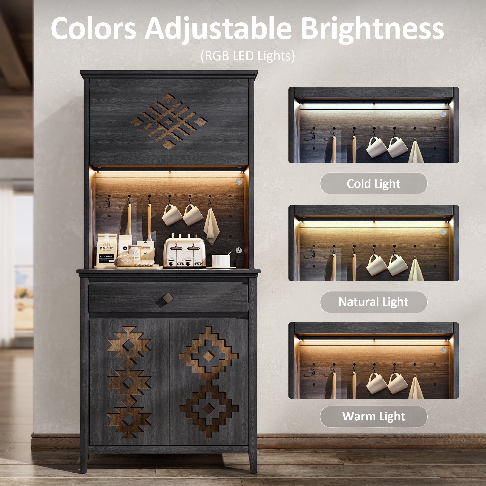 Einhomn 72" Tall Farmhouse Kitchen Pantry Cabinet with Charging Station & LED Light, Flip up Door & Adjustable Shelves,Black