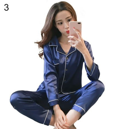 

Chaoren Women s Satin Pajama Set V-neck Long Sleeve Solid Color Two-pieces Sleepwear