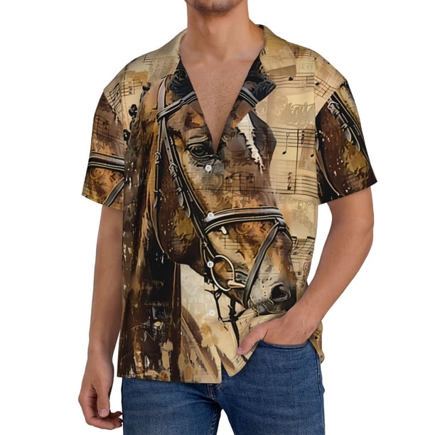 Balery Musical Horse Vintage Collage Camisa Casual de Manga Corta con Botones para Hombre, Texturizada, Estilo Cubano, para Playa, Verano-3X-Large
