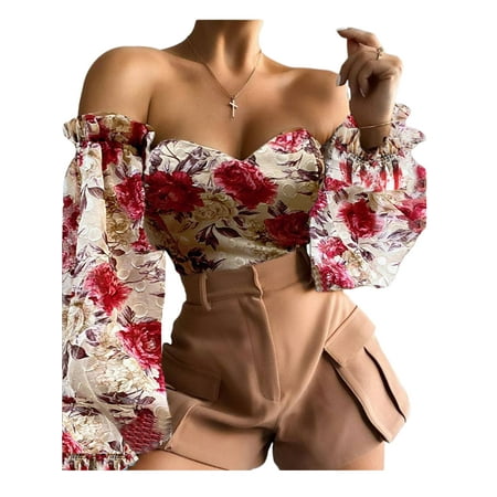 

BrilliantMe Women Off Shoulder Crop Tops Sexy Frill Long Lantern Sleeve Floral Print Bustiers Corsets Push Up T-Shirts