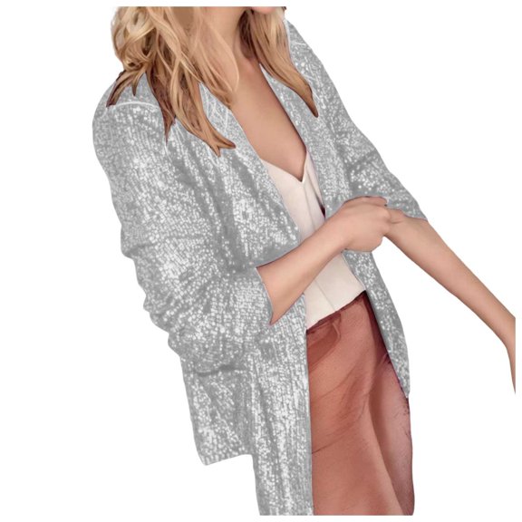 Wdgfv Women's Sequin Jackets Open Front Blazer Jacket Casual Long Sleeve Sparkly Cardigan Coat with Pocket