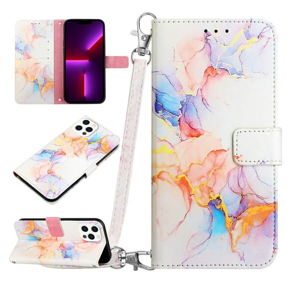Wallet Case for iPhone 14 Pro, Detachable Crossbody Shoulder Strap Card Holders Kickstand Magentic Clasp PU Leather Case Fashion Marble Pattern Shockproof Luxury Case, Galaxy Marble White